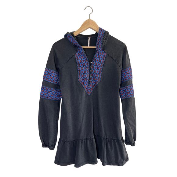 Free People Embroidered Button Detail Ruffle Hem Hooded Tunic Sweatshirt - Picture 1 of 13